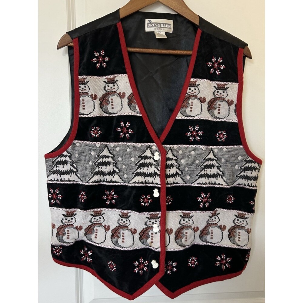 Dress Barn Woman 2X Christmas Sweater Vest Snowman Snowflake Trees Vintage - Picture 2 of 10